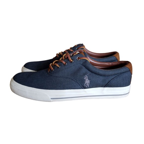 Polo Ralph Lauren  Men's Size US 11.5D Blue Canvas Thorton Brown Leather Sneaker - Picture 6 of 11